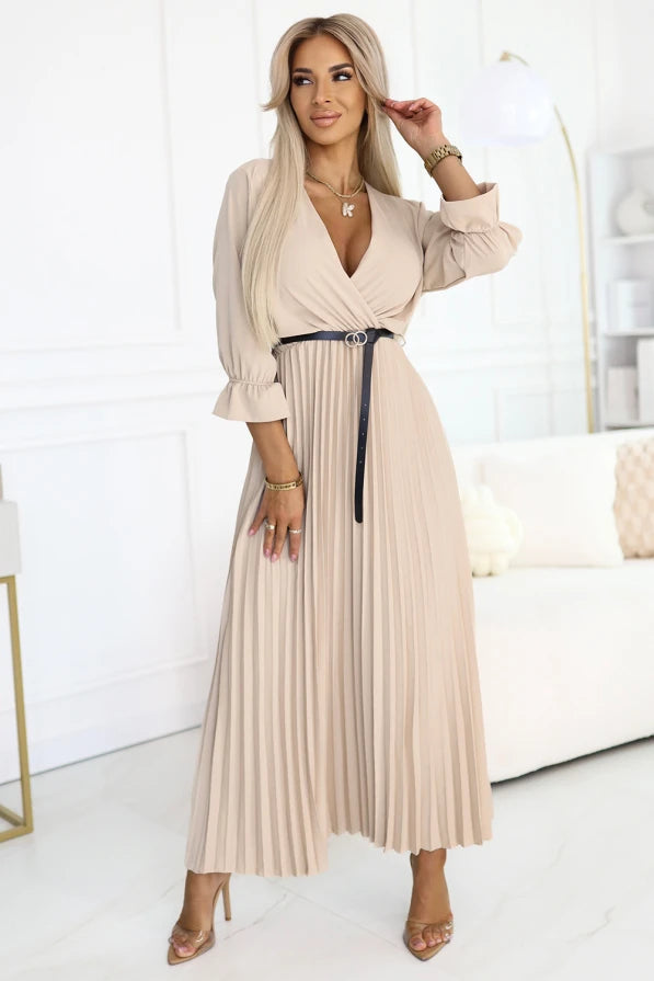 SERENA – ELEGANTE GEPLISSEERDE MAXIJURK MET RIEM